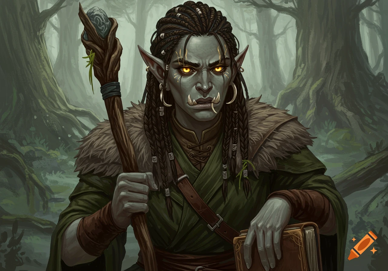 A female half-orc with braided hair and golden eyes holds a staff and a book in a forest.