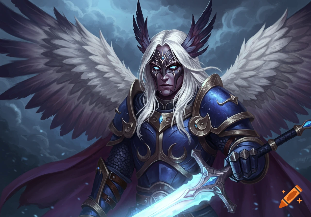 A masked fantasy character in blue armor with wings and a glowing sword against a cloudy sky.