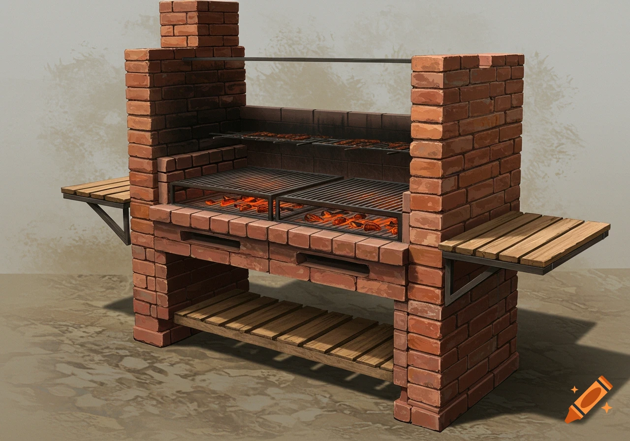 A large outdoor brick grill with metal grates and wooden side tables.