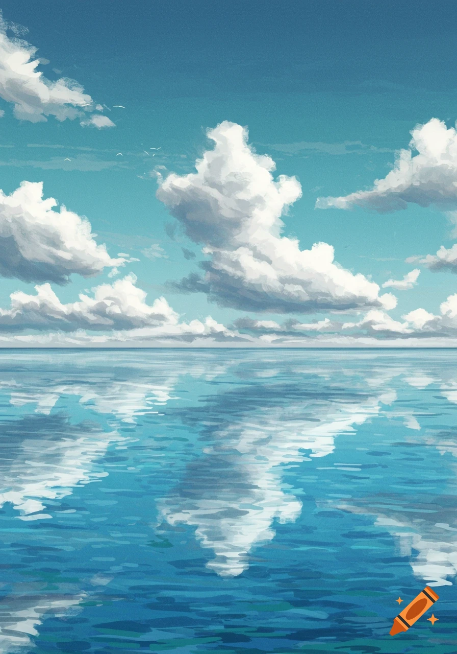 Calm ocean with cloud reflections under a blue sky.