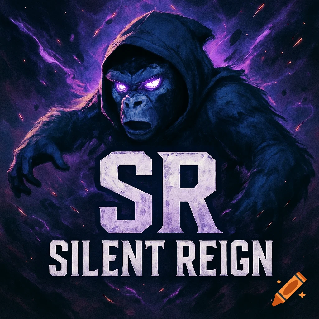 A hooded gorilla with glowing purple eyes, surrounded by purple energy, with text 'SR' and 'SILENT REIGN'.