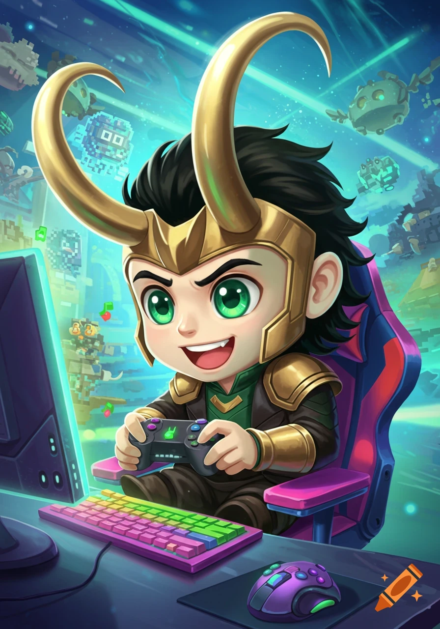 A chibi-style Loki sits in a gaming chair, playing a video game on a computer.