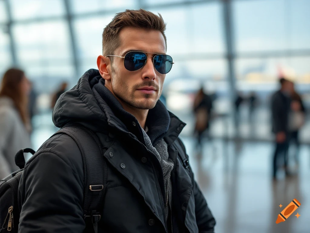 Man wearing sunglasses and backpack in a busy airport terminal.