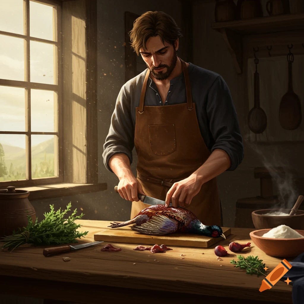 A man is preparing a pheasant on a wooden board in a kitchen.