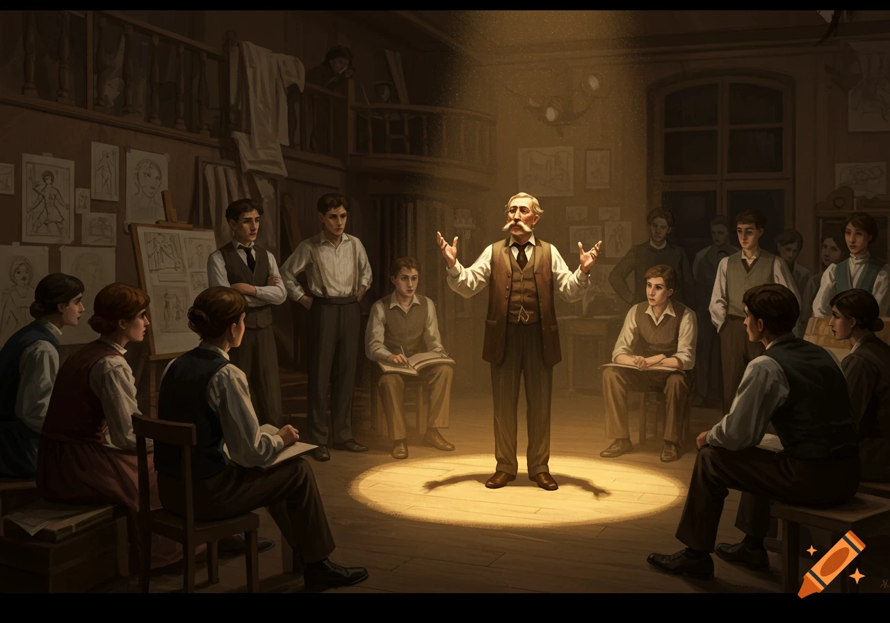 A teacher demonstrates in a spotlight to students in a dimly lit theatre or classroom.