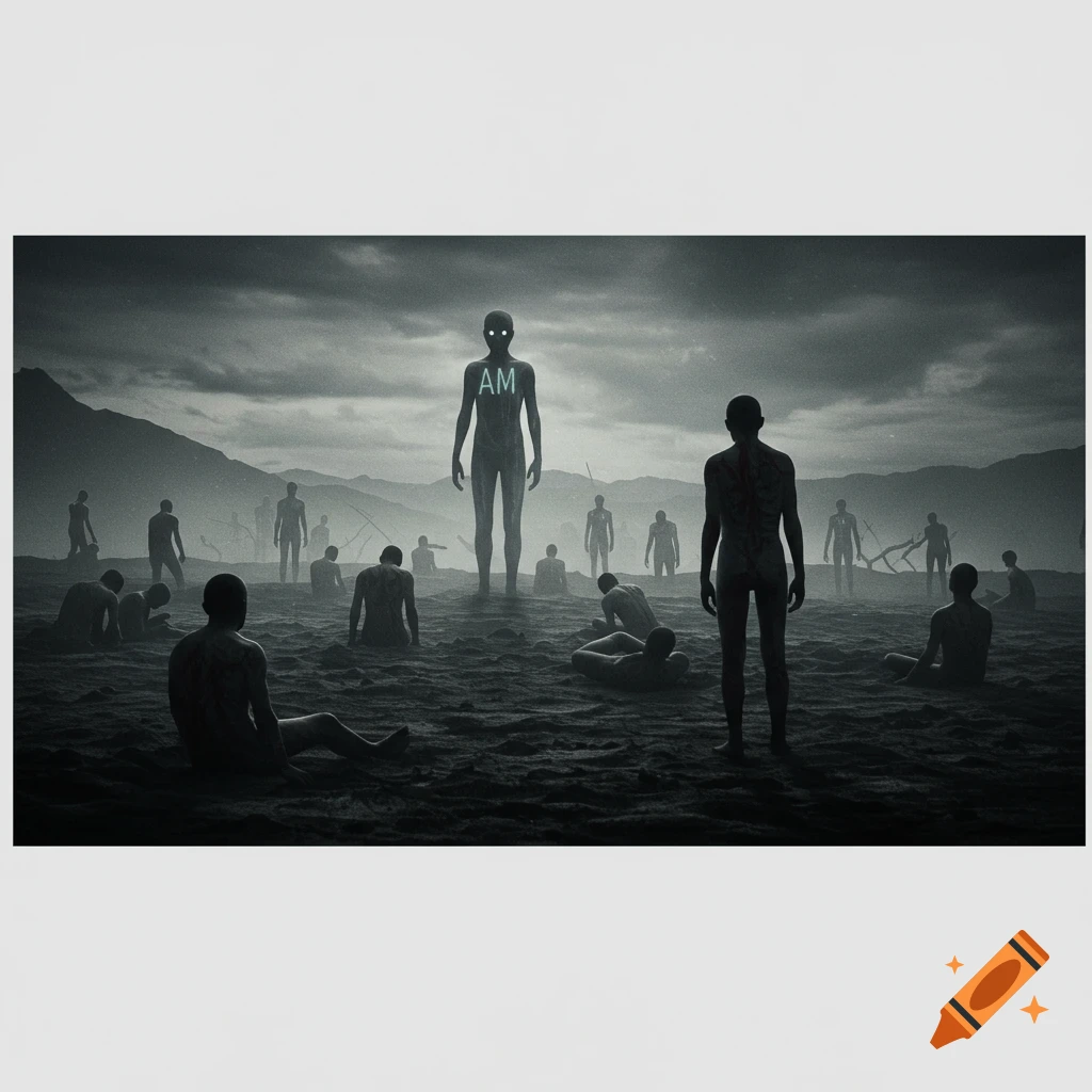 Dark, surreal image of a giant figure with 'AM' on its chest standing among many smaller figures in a desolate landscape.