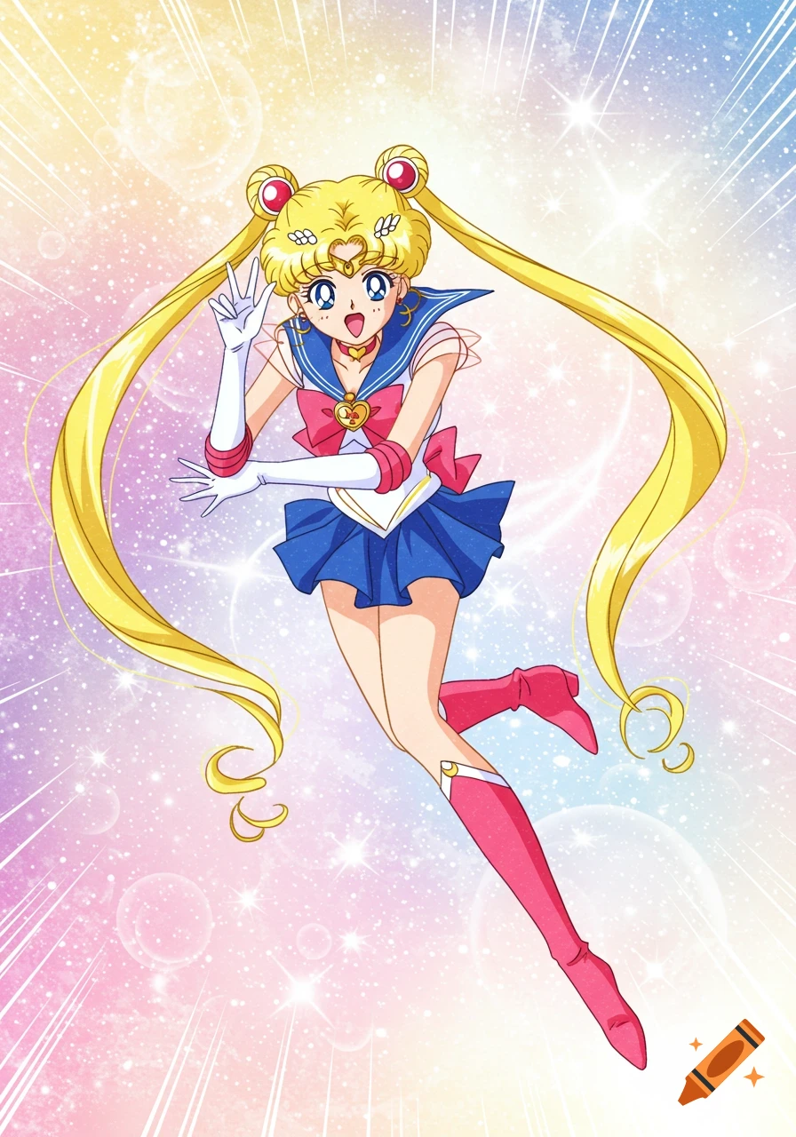 Sailor Moon in her uniform striking a pose against a sparkly background in 90s anime style.