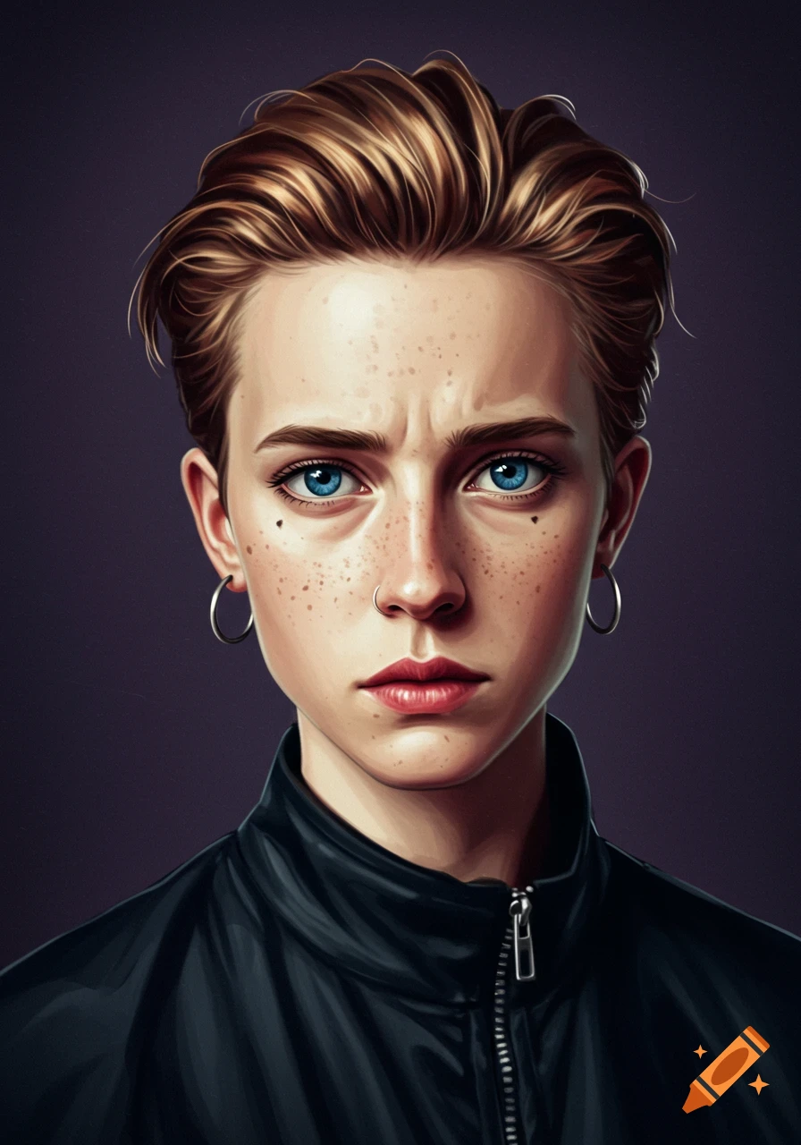 Portrait of a young person with freckles, blue eyes, nose ring, and black jacket.