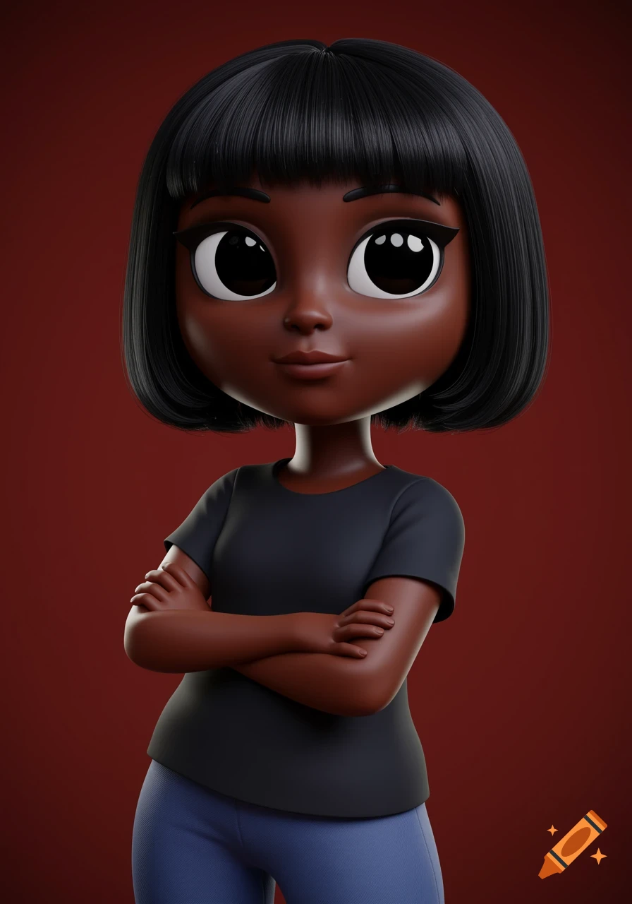 3D animated cartoon character with black bob hairstyle, dark skin, and arms crossed.