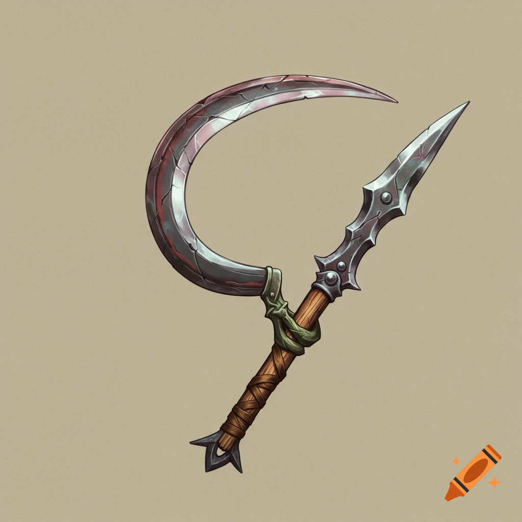 A fantasy weapon combining a sickle and a bident