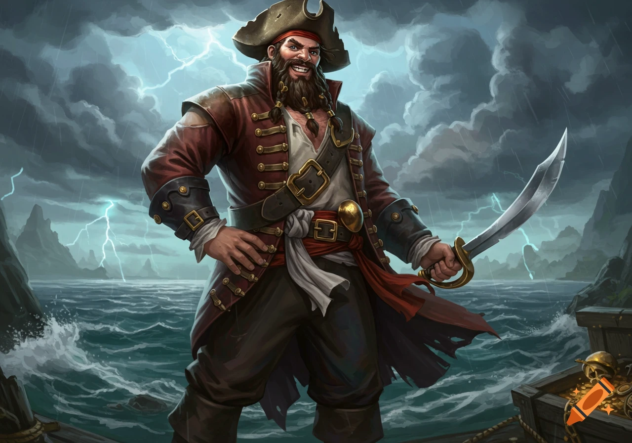 A pirate with a sword stands on a ship during a storm