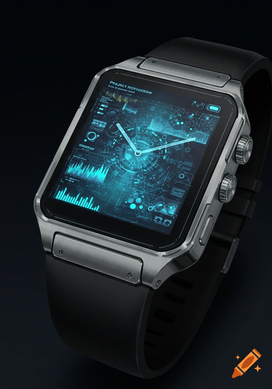 Close-up of a smartwatch with a futuristic digital screen displaying complex data graphics and a clock.