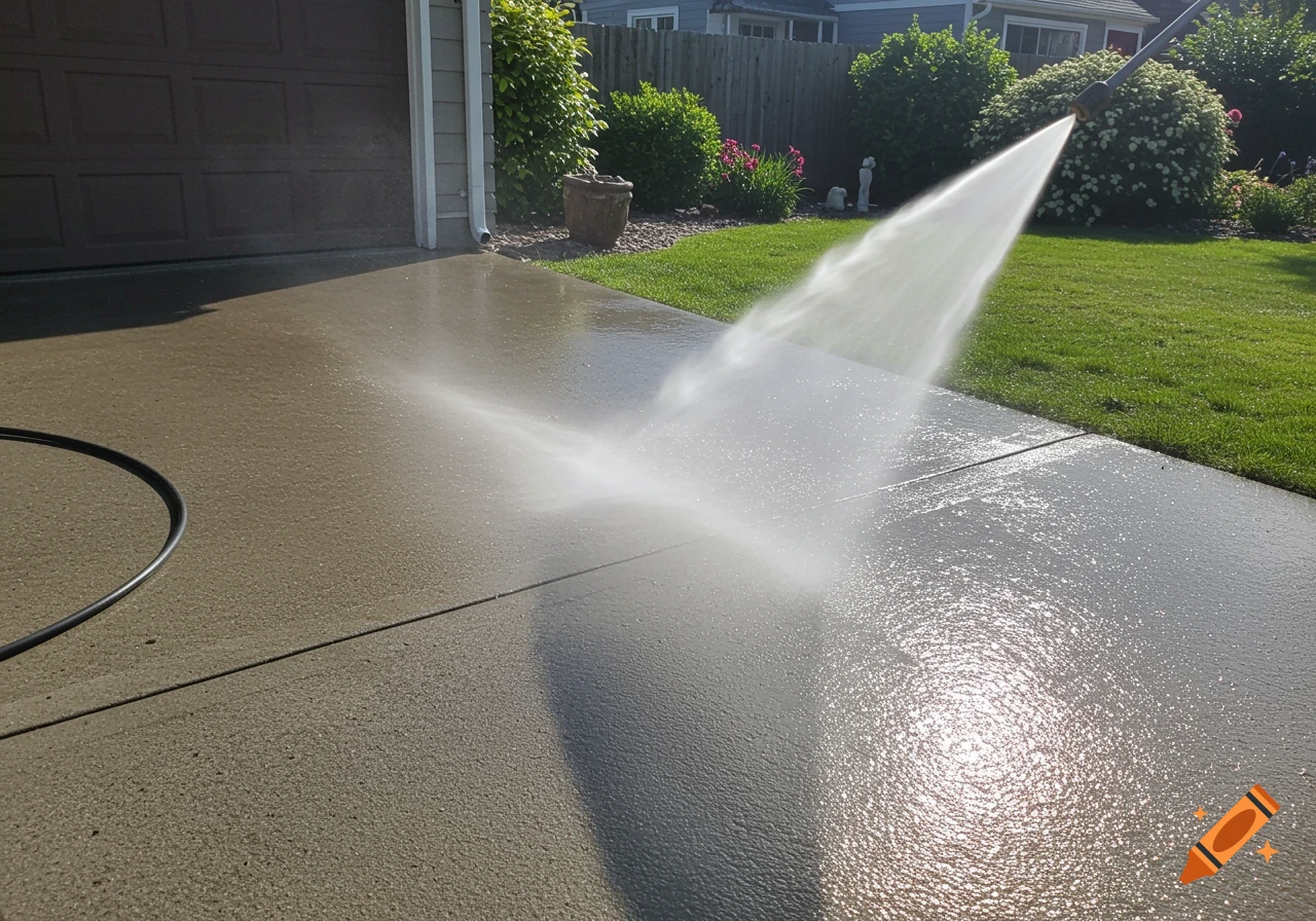 Power washing a concrete driveway