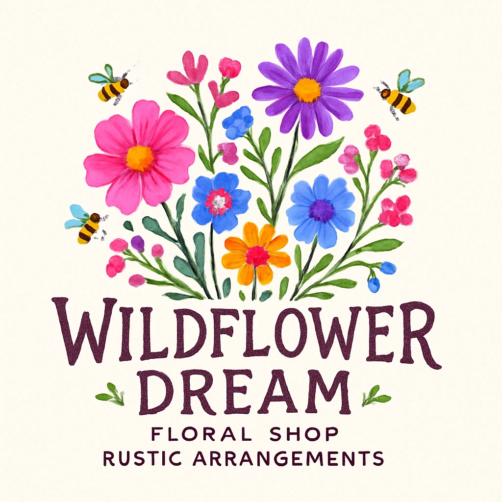 Wildflower Dream floral shop logo with wildflowers and bees