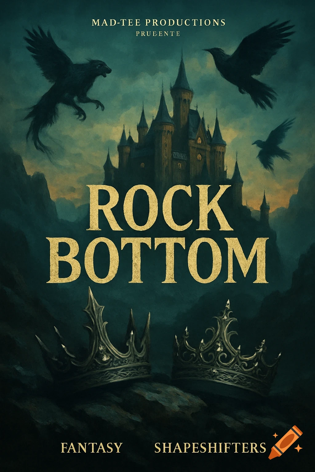 Dark fantasy movie poster with castle, flying crows, crowns, and 'ROCK BOTTOM' title.