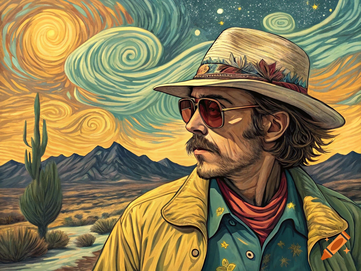 A man in a hat and sunglasses in a desert landscape with mountains and cactus under a swirling sky, in the style of Van Gogh painting.