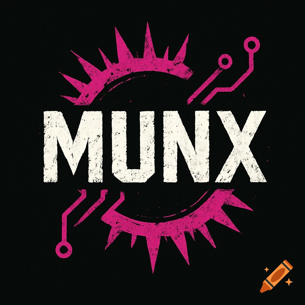 Punk style tech logo with the name MUNX, featuring pink spikes and circuitry on a black background.