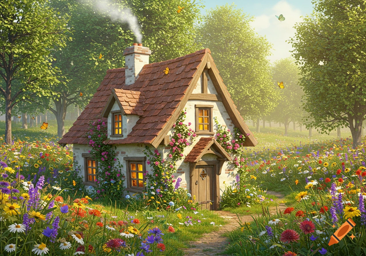 A charming small cottage with smoke from the chimney, surrounded by colorful wildflowers and trees in a sunny field.