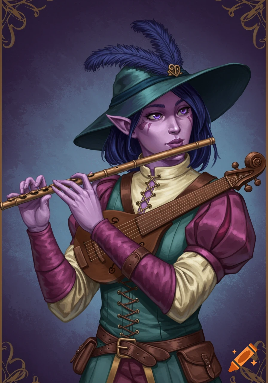 A purple-skinned Tiefling/elf woman in renaissance clothes playing a flute and lute.