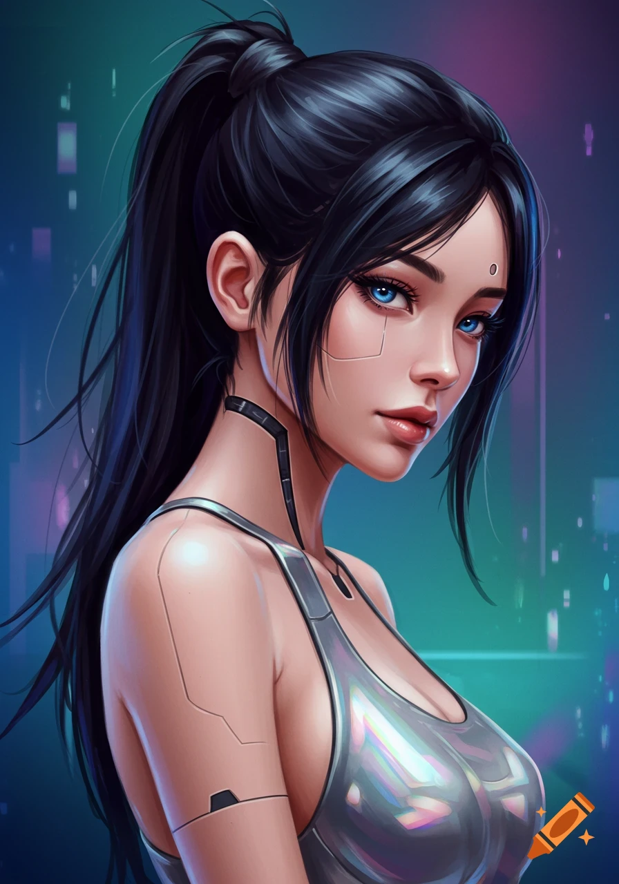 A cyborg woman with a ponytail and blue eyes.