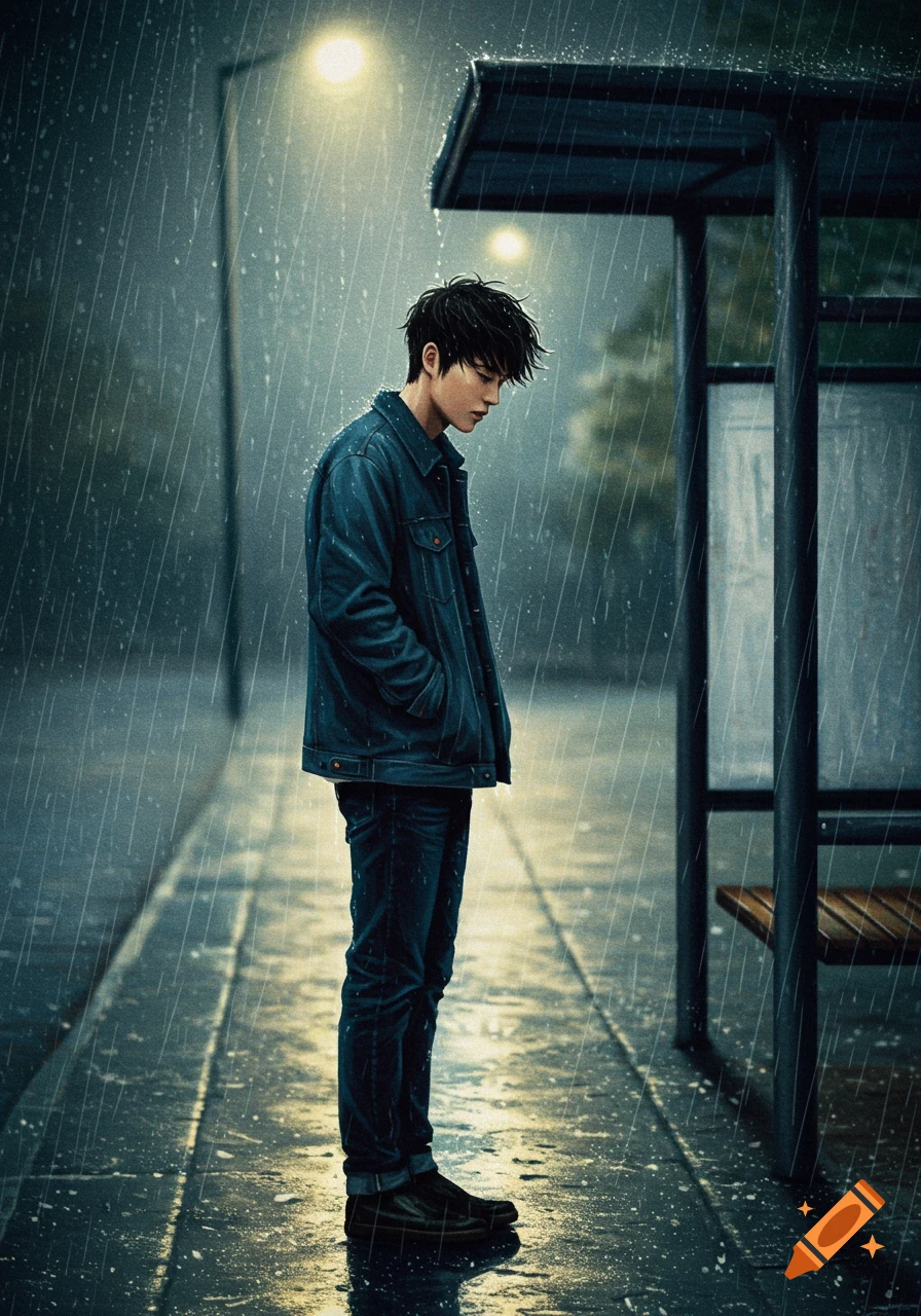 A person stands alone in the rain at a bus stop.