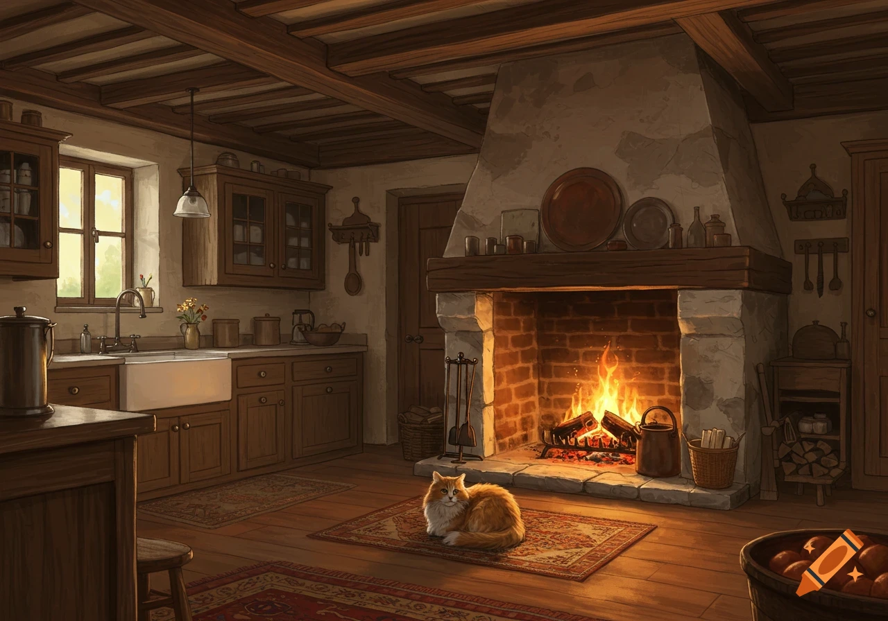 A rustic kitchen with a fireplace and a cat on a rug.
