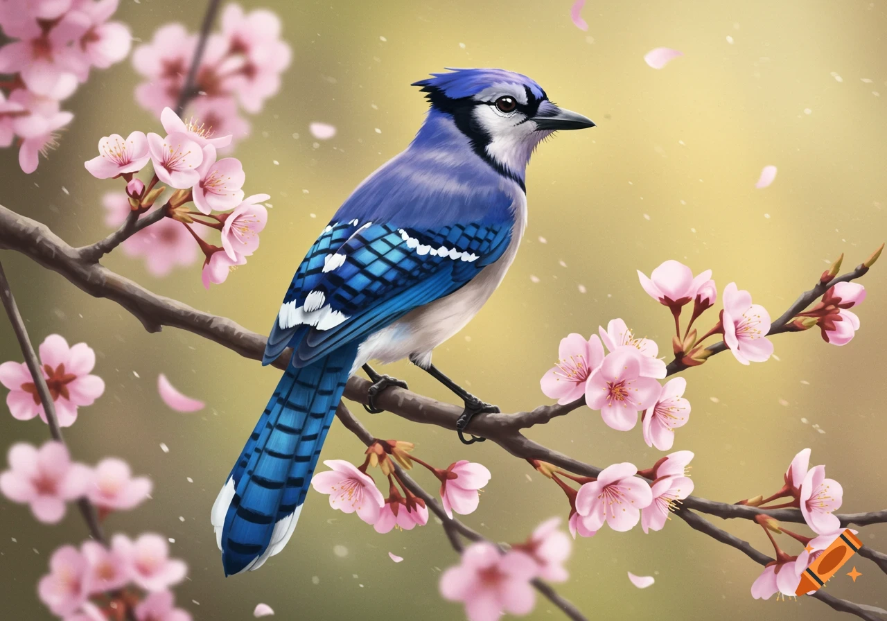 A blue jay perches on a branch adorned with pink cherry blossoms.