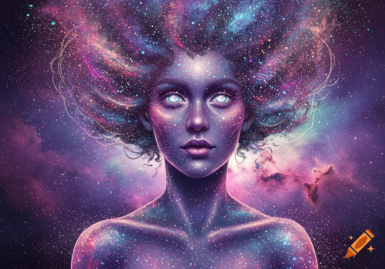 A human figure made of stardust and galaxy stands against a space background.