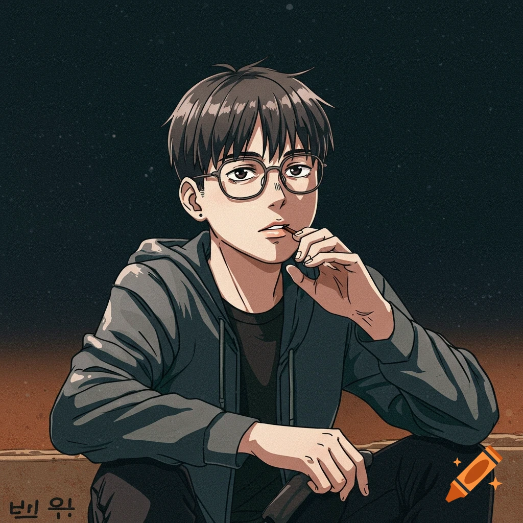 An anime-style portrait of a person with glasses and grey hoodie, sitting.