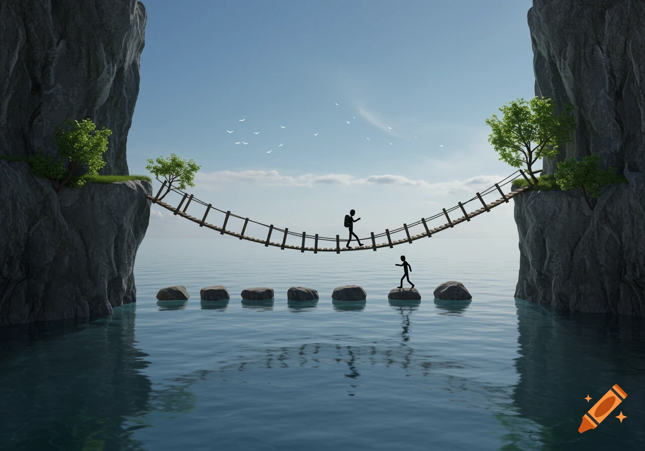 Silhouetted figures cross stepping stones and a rope bridge over water between cliffs.