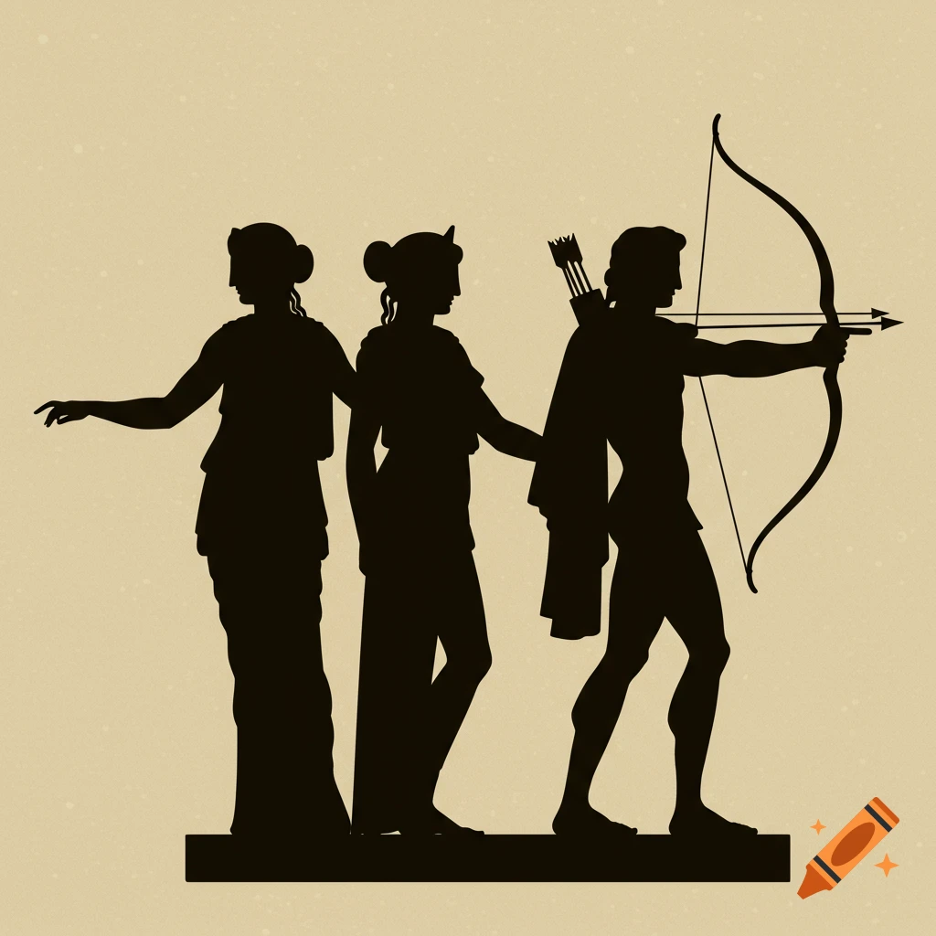 Black silhouette of three figures in ancient Greek art style, one with bow and arrow, on a textured background.