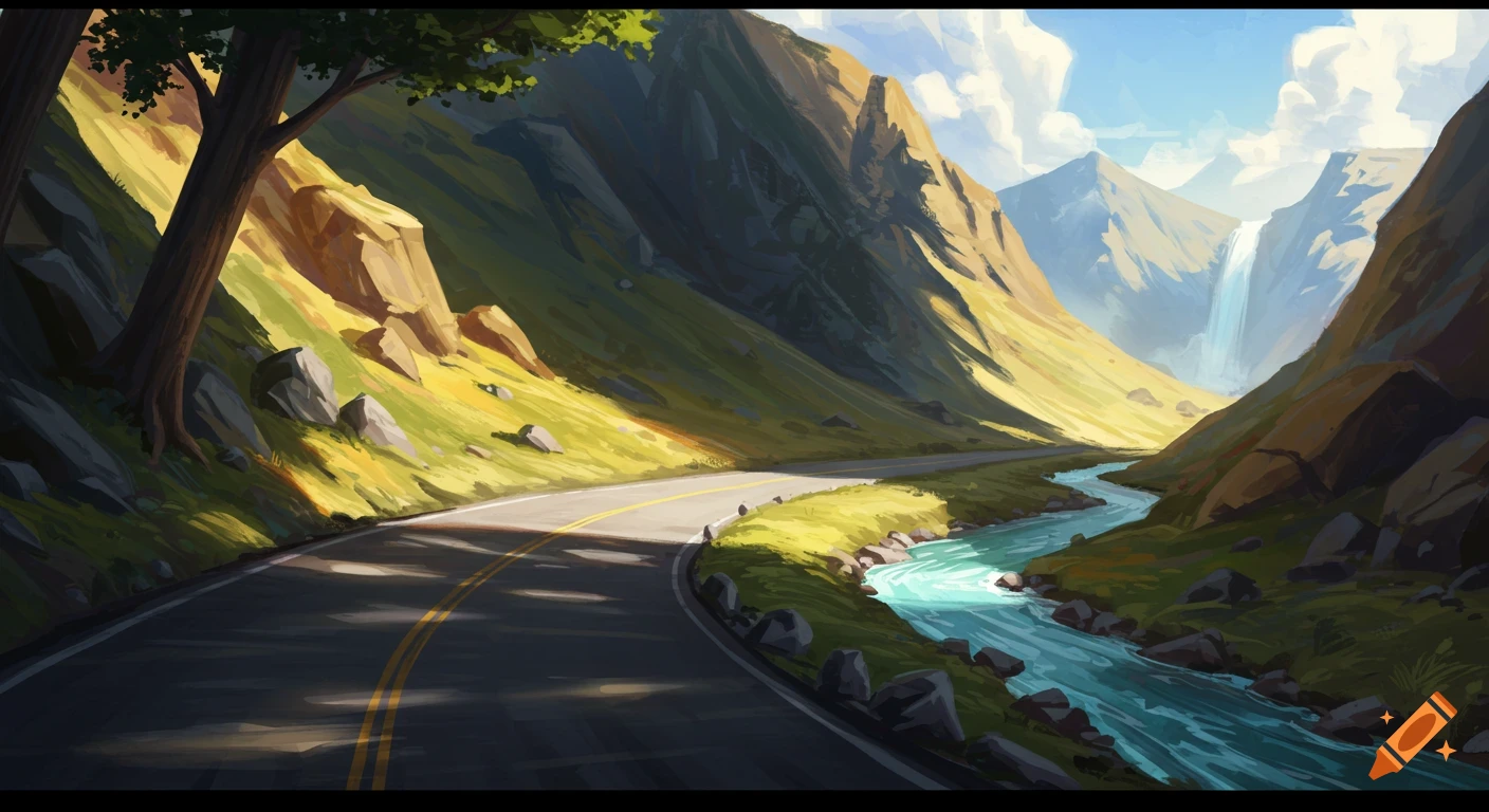 A scenic view of a road winding through a mountain valley with a river and waterfall.