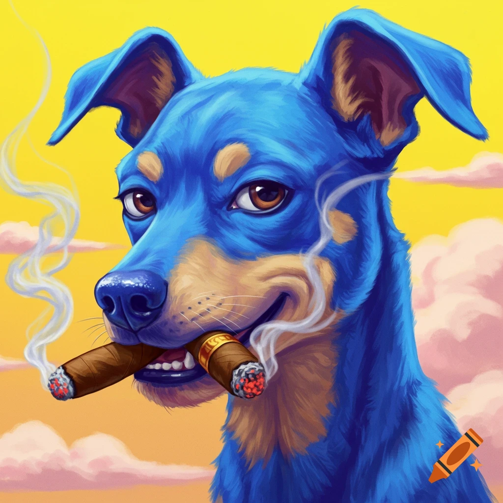A blue and tan dog smokes two cigars.