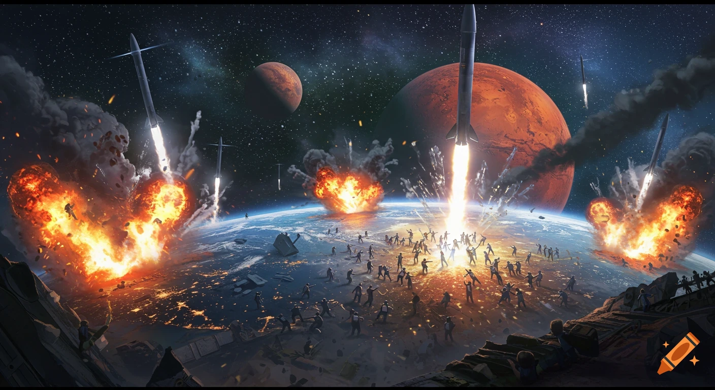 Rockets launching from an apocalyptic Earth full of people towards Mars
