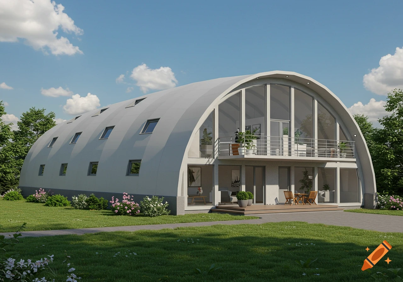 A modern Quonset hut style house with large windows and a balcony, surrounded by green grass and trees under a cloudy sky.