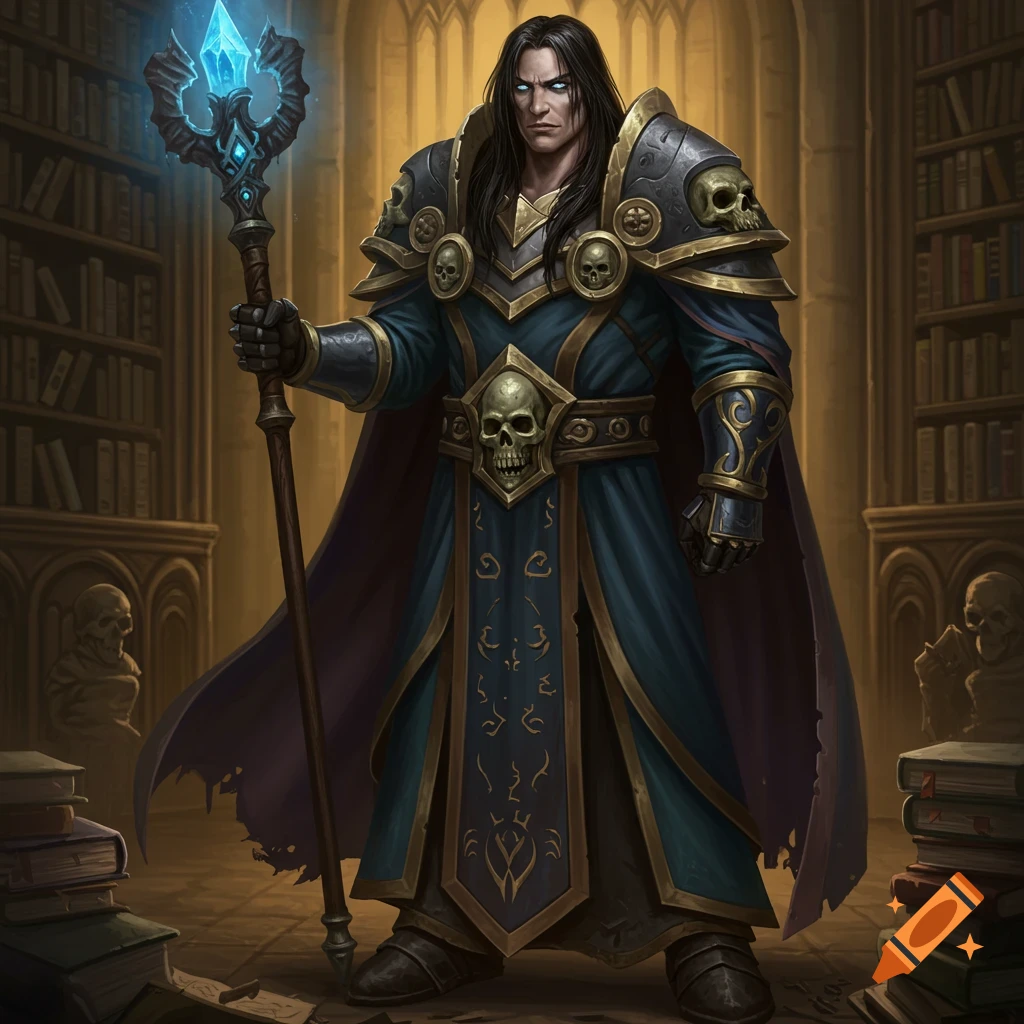 A dark fantasy character in skull armor holding a glowing staff in a library.