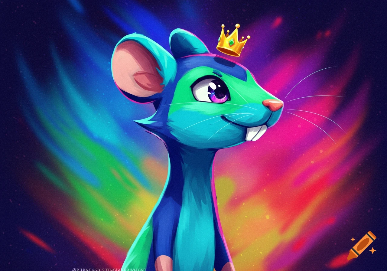 A colorful cartoon mouse wearing a gold crown against a dark background with bright rainbow-colored streaks.
