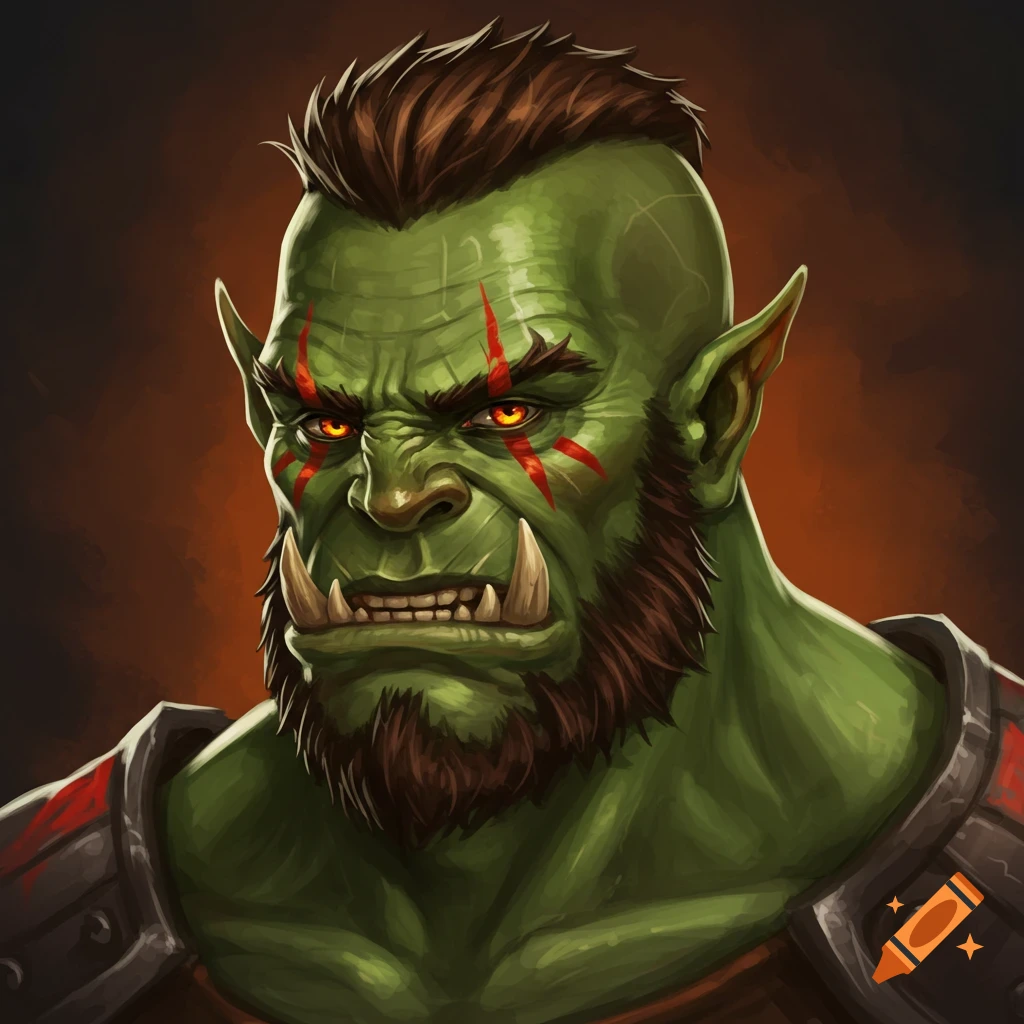 A male orc with green skin, red markings, tusks, and orange eyes.