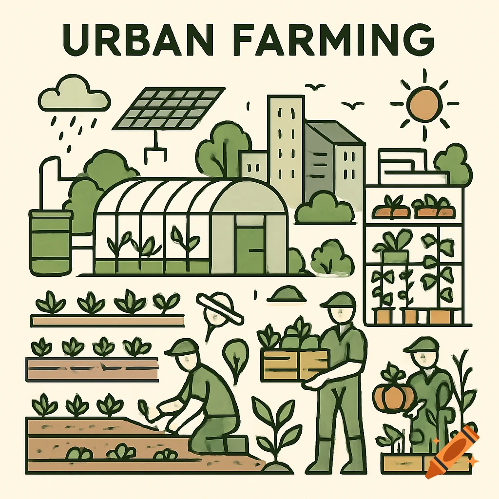 An illustration depicting urban farming with greenhouses, solar panels, and people tending to crops.