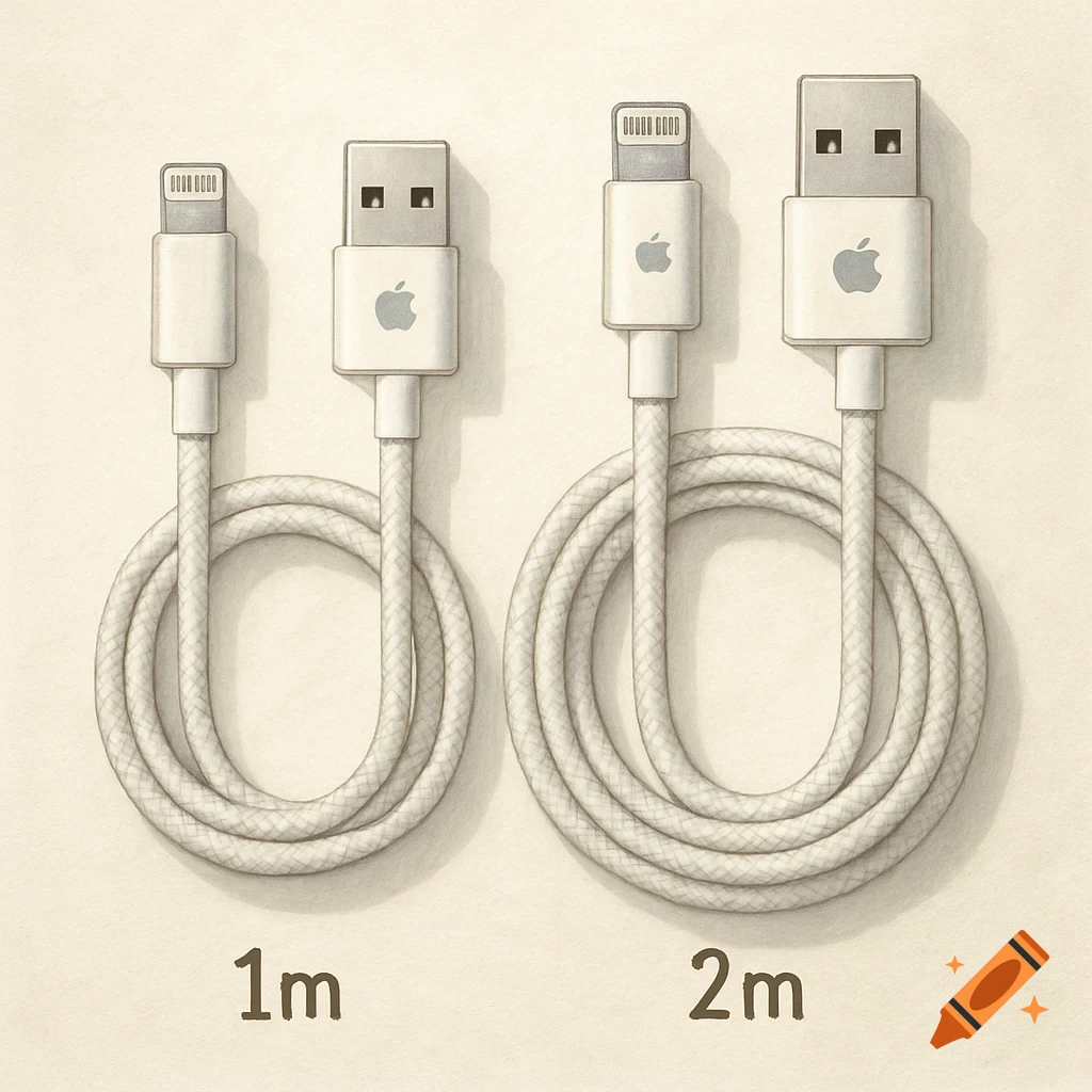 Sketch drawing of Apple Lightning cables, 1m and 2m lengths