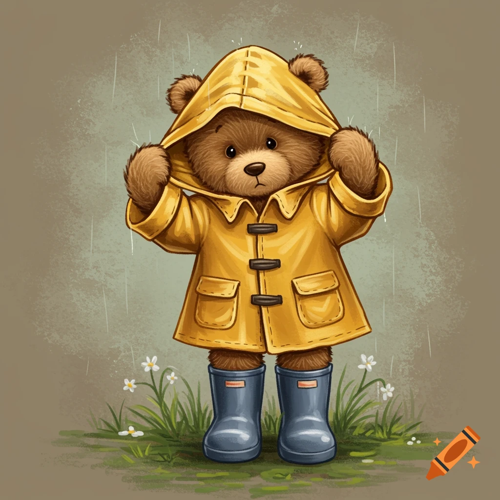 A cute teddy bear wearing a yellow raincoat and blue rubber boots stands in the rain.