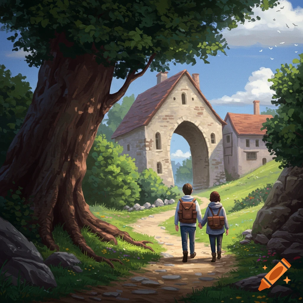 Two people walk hand-in-hand down a path towards an arched stone building in a green landscape.