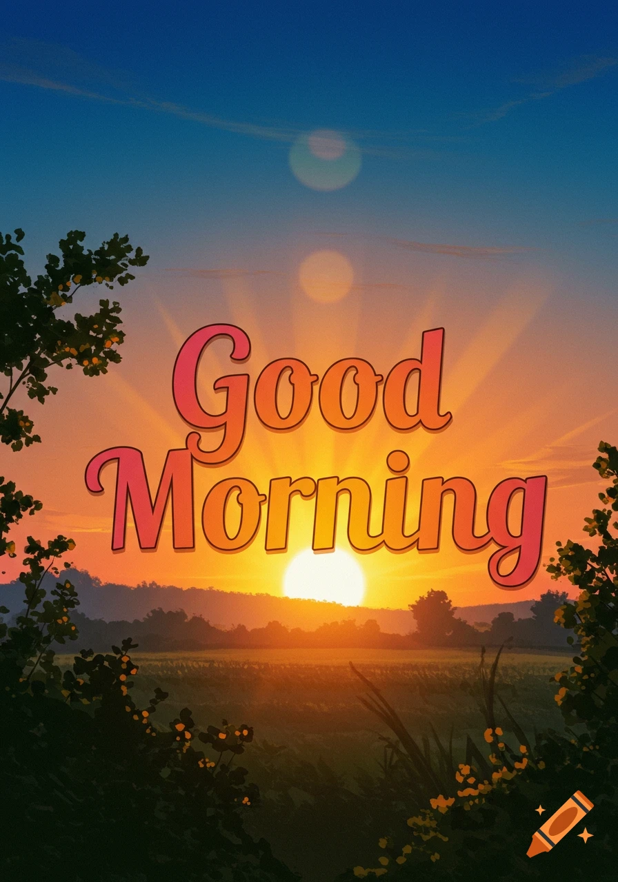 A stylized image of a sunrise over a field with trees, overlayed with large text that reads "Good Morning".