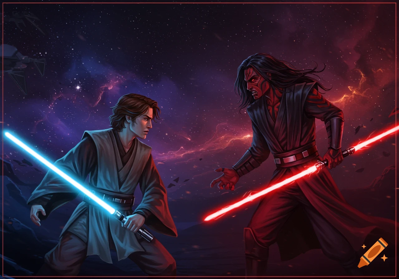 Two figures reminiscent of Anakin Skywalker and Darth Maul duel with lightsabers in a stormy space background.