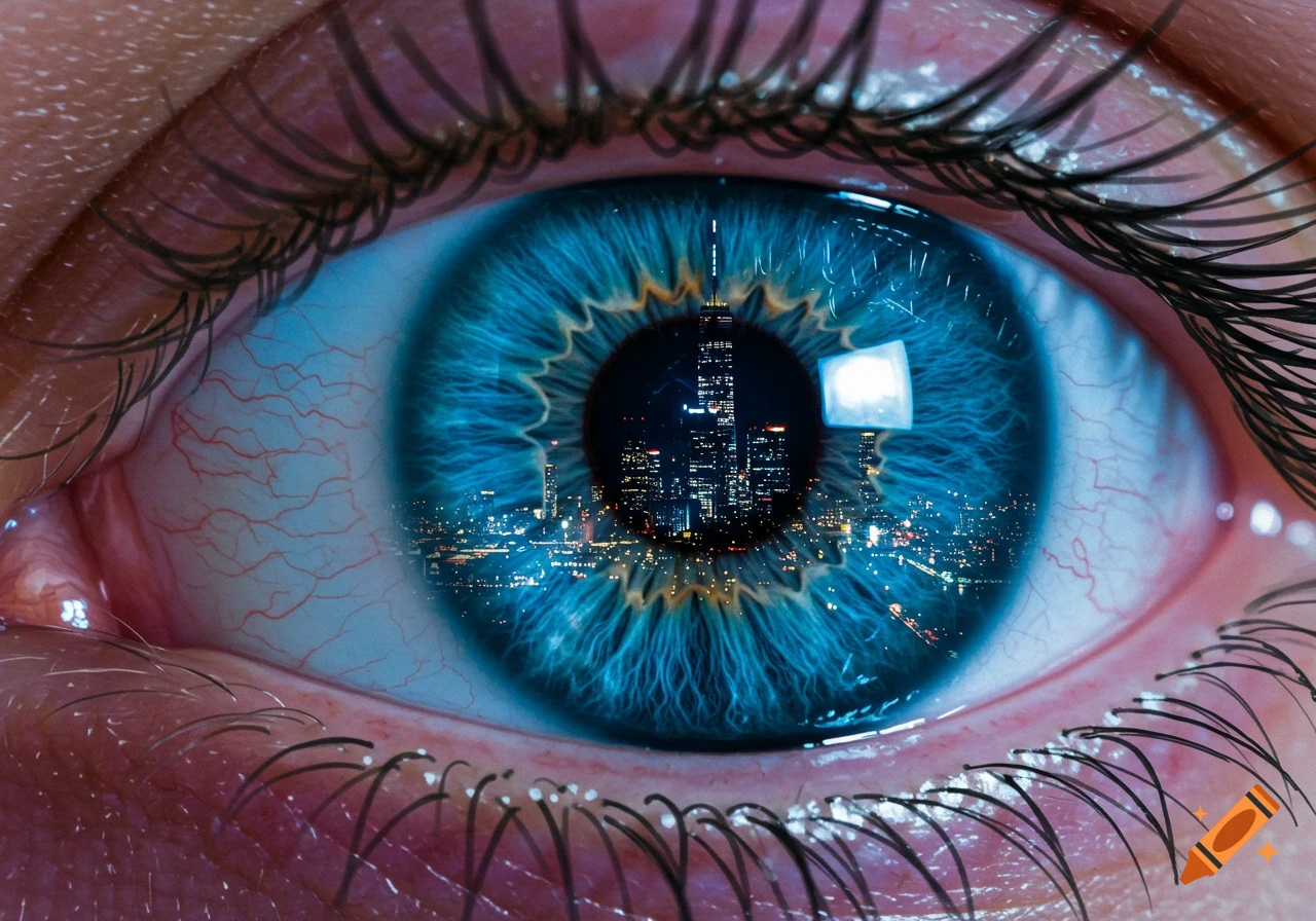 Close-up image of a blue eye reflecting a city skyline at night.