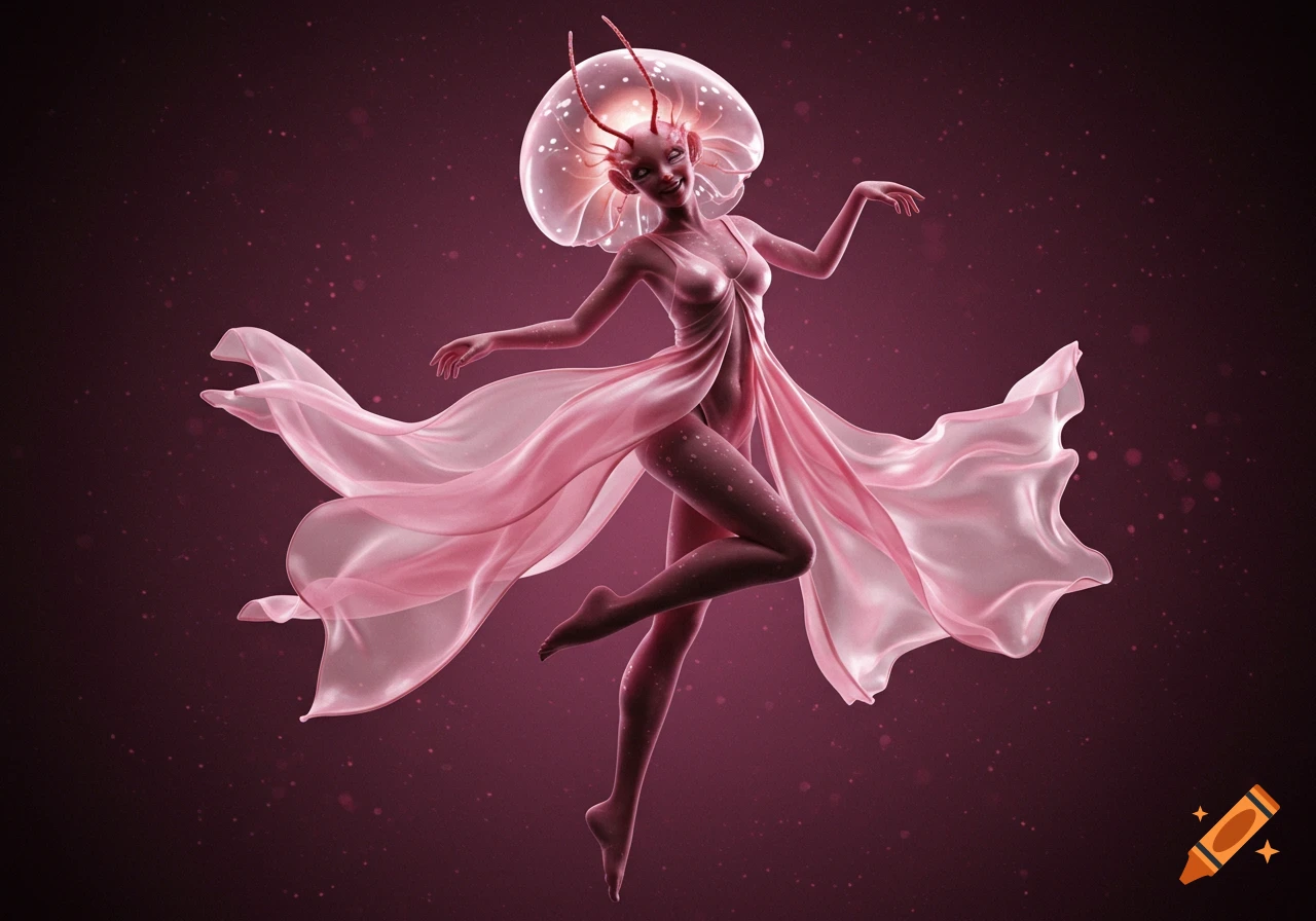 A surreal insectoid-jellyfish woman in a pink dress levitating.