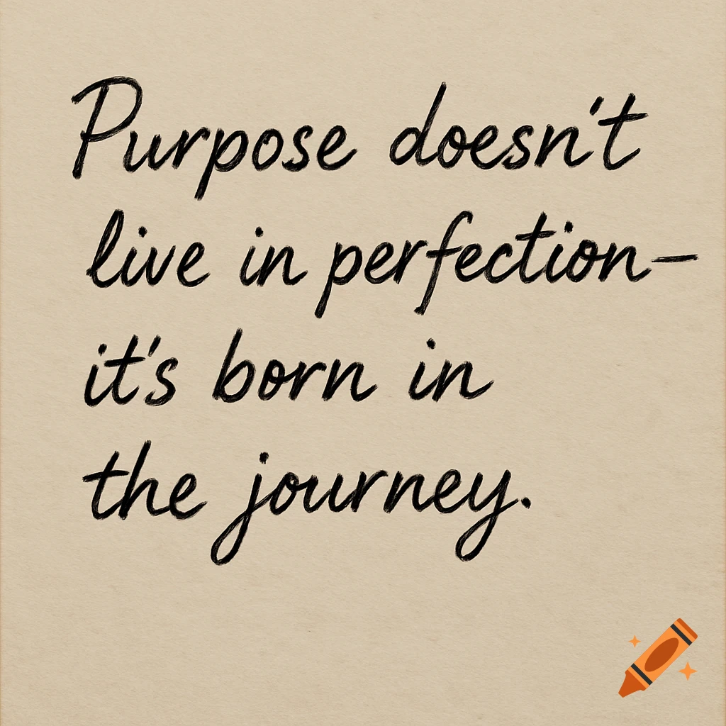 Handwritten quote on a textured background: Purpose doesn’t live in perfection—it’s born in the journey.