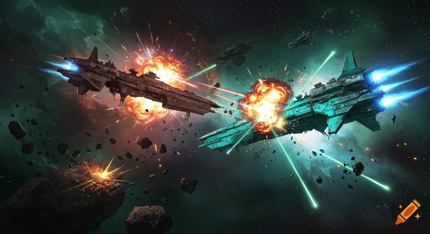 A space battle between two large spaceships with explosions and laser blasts.