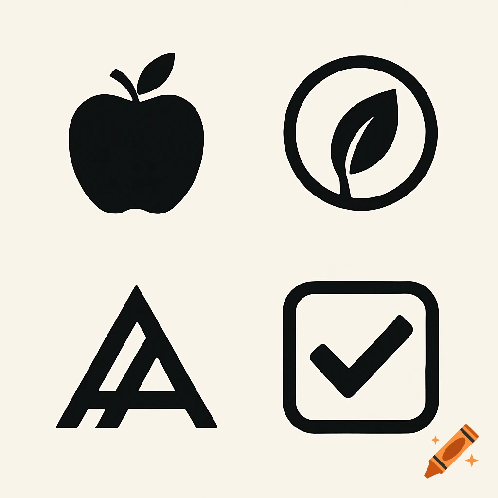 Four black symbols on a light background: an apple, a leaf in a circle, a stylized letter A, and a checkmark in a square.