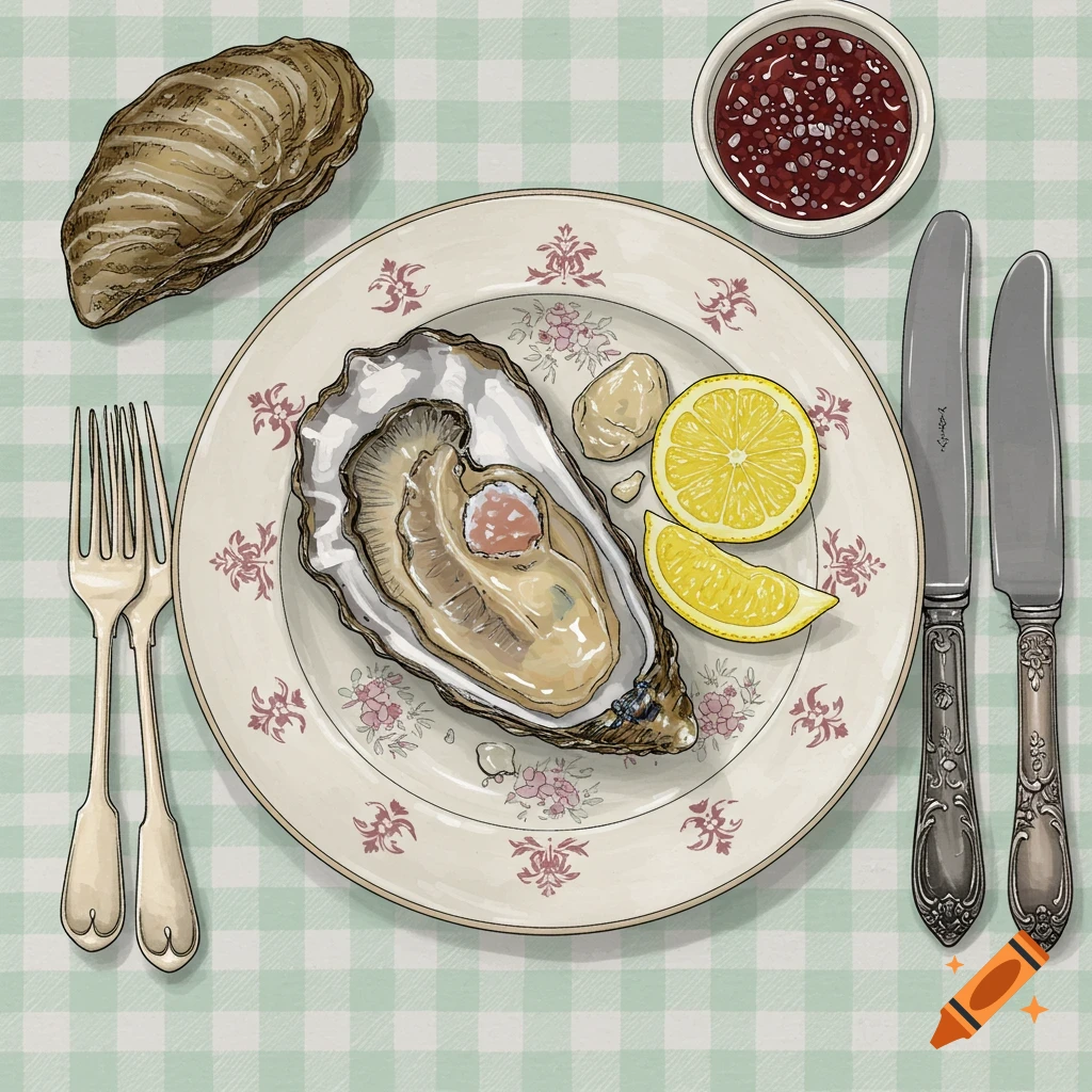 Hand-drawn illustration of a shucked oyster on a floral plate with lemon, sauce, fork, and knife on a green checkered tablecloth.